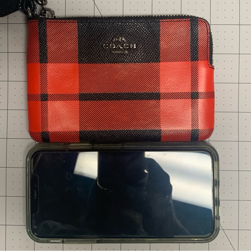 Coach Red Buffalo Plaid Corner Zip Wristlet - Picture 17 of 17